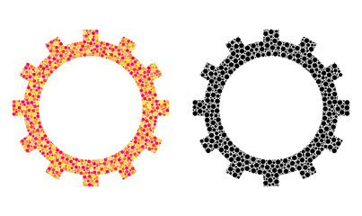 Dot gear mosaic icons. Vector gear icons in colorful and black versions. Collages of arbitrary spheric spots. Vector mosaics of gear icons made of arbitrary spots.