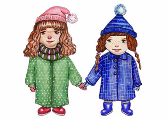 Watercolor cute little girls in winter cloth are holding  hands