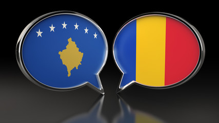 Kosovo and Romania flags with Speech Bubbles. 3D illustration