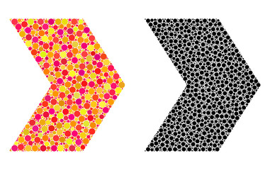 Dotted direction right mosaic icons. Vector direction right icons in bright and black versions. Collages of irregular round spots.
