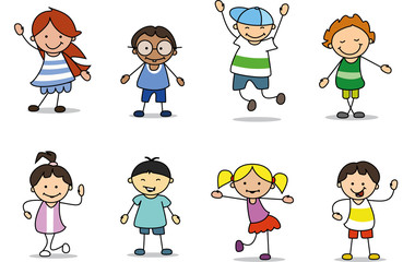 Gruppe glückliche kinder spielen und tanzen 