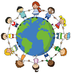 happy kids holding hands on world illustration , children around the world -