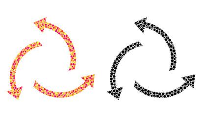 Dot centrifugal arrows mosaic icons. Vector centrifugal arrows icons in multi-colored and black versions. Collages of random circle dots.