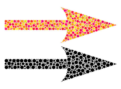 Dot sharp arrow right mosaic icons. Vector sharp arrow right pictograms in bright and black versions. Collages of random circle dots. Vector concepts of sharp arrow right images formed of random dots.