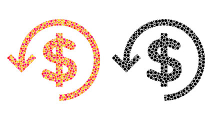 Dotted refund mosaic icons. Vector refund icons in bright and black versions. Collages of casual round dots. Vector collages of refund images organized of casual circle elements.