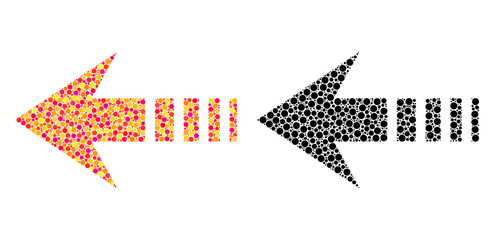 Dotted send left mosaic icons. Vector send left icons in multi-colored and black versions. Collages of random round elements. Vector collages of send left icons made with irregular circle elements.