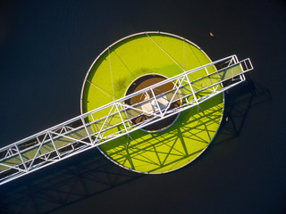 Aerial view to sewage treatment plant. Grey water recycling. Waste management in European Union.