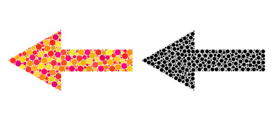 Pixel arrow left mosaic icons. Vector arrow left icons in colorful and black versions. Collages of different circle dots. Vector concepts of arrow left icons done of irregular round dots.