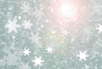 Many falling snowflakes with radiant sun illustration
