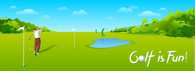 Countryside golf course with flags, greens and sand bunker. Banners vector image of sports equipment for Golf, putter, golfer, ball, hole.
