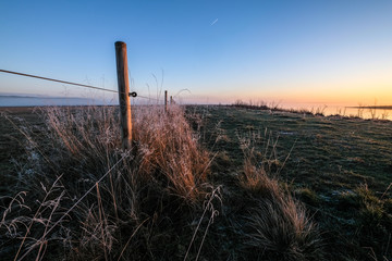 fence and grass with frost at sunrise a winter morning