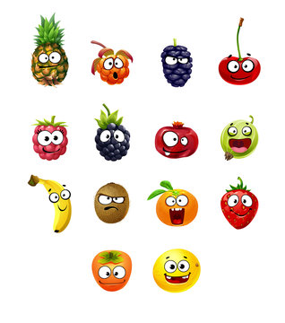 Funny fruit characters Collection isolated on white background. Cartoon vector illustration. Happy smiling cartoon fruits.  banana, cherry, pineapple, cherry, mulberry, raspberry, kiwi, tangerine.