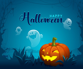 vector poster festive halloween pumpkin and ghosts on the background of the night landscape from the thickets