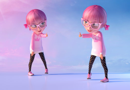 Cheerful kid girl jumping outstretched arms, two poses. Funny child cartoon  character of a kawaii child girl with glasses and pink anime hairs. Freedom  and happy childhood concept. 3D render Stock Illustration