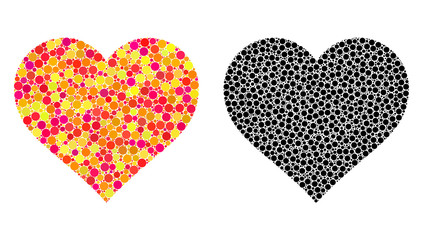 Dotted love heart mosaic icons. Vector love heart icons in multi-colored and black versions. Collages of arbitrary circle elements.