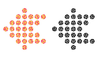 Dotted arrow left mosaic icons. Vector dotted arrow left icons in multi-colored and black versions. Collages of different spheric elements.
