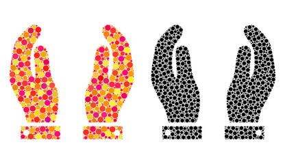 Pixel care hands mosaic icons. Vector care hands icons in colorful and black versions. Collages of randomized spheric dots. Vector concepts of care hands icons composed with random spheric particles.