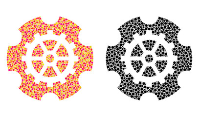 Dot gearwheel mosaic icons. Vector gearwheel icons in bright and black versions. Collages of variable spheric elements. Vector collages of gearwheel icons created of random circle elements.