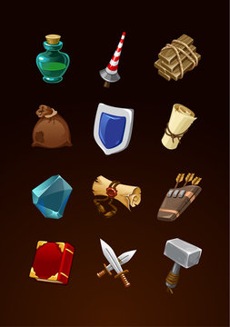 game items set. vector ancient icons for rpg