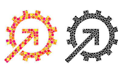 Dotted cog integration mosaic icons. Vector cog integration icons in bright and black versions. Collages of arbitrary spheric elements.