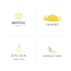 Vector colored hand drawn objects. Kitchen logo templates set.