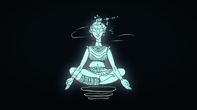 Animated picture of meditation of blue yogi man in Lotus position. Black background.