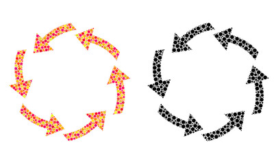 Dot circulation mosaic icons. Vector circulation pictograms in bright and black versions. Collages of arbitrary circle elements.