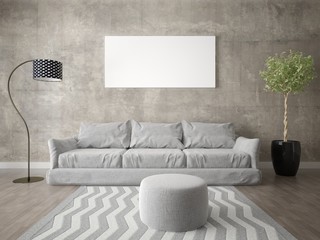 Mock up fashionable living room with original sofa and stylish hipster backdrop.