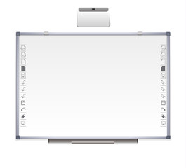 realistic interactive educational board, with metal frame, electronic materials, slides, software for an educational institution