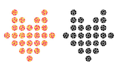 Dotted arrow down mosaic icons. Vector dotted arrow down icons in colorful and black versions. Collages of irregular round spots.