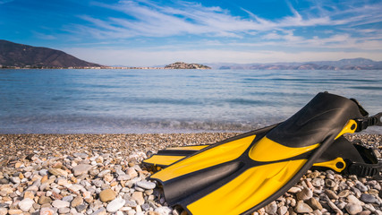 Flippers swimming equipment on beach