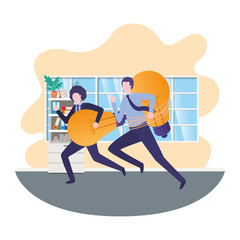 Businessmen with light bulbs in room