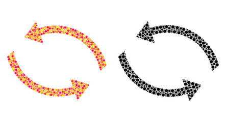 Dotted exchange arrows mosaic icons. Vector exchange arrows pictograms in multi-colored and black versions. Collages of different round dots.