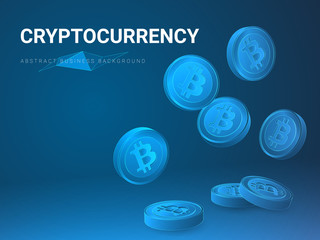Abstract modern business background vector depicting cryptocurrency sin shape of falling bitcoins on blue background.