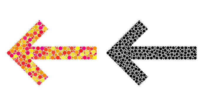 Dot left arrow mosaic icons. Vector left arrow icons in colorful and black versions. Collages of random round elements. Vector collages of left arrow images created of different round dots.