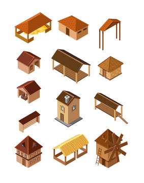 set of vector realistic wooden village buildings of isometry