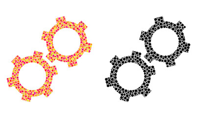 Dot gears mosaic icons. Vector gears icons in multi-colored and black versions. Collages of irregular spheric elements. Vector concepts of gears icons organized with irregular spheric particles.