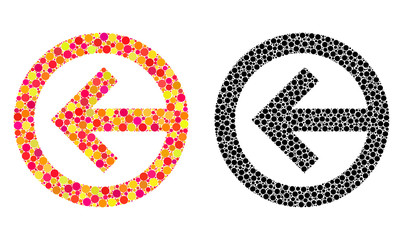 Dot direction left mosaic icons. Vector direction left icons in multi-colored and black versions. Collages of different round dots.