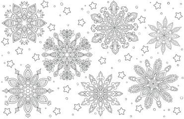 New year and Christmas theme. Black and white graphic doodle hand drawn sketch for adult coloring book. Ethnic pattern snowflakes