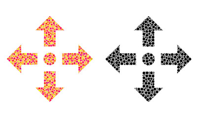 Dotted expand arrows mosaic icons. Vector expand arrows icons in colorful and black versions. Collages of random spheric dots. Vector collages of expand arrows icons organized of casual dots.