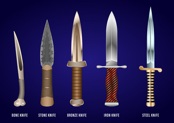 realistic set of historical fighting knives: bone, stone, bronze, iron, steel