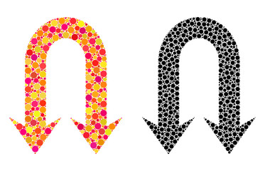 Dotted double back arrow mosaic icons. Vector double back arrow icons in colorful and black versions. Collages of different spheric dots.