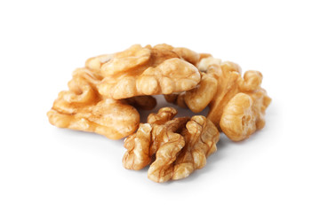 Heap of tasty walnuts on white background