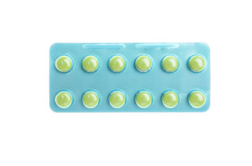 Pills in blister pack on white background, top view