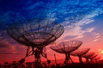 The observatory in the evening,The silhouette of a radio telescope