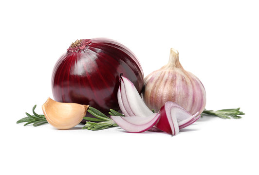 Garlic, onion and rosemary on white background
