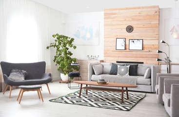 Stylish living room interior with comfortable couch and decorative elements