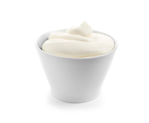 Fototapeta na wymiar Ceramic bowl with fresh sour cream isolated on white