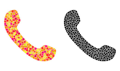 Dot phone receiver mosaic icons. Vector phone receiver pictograms in multi-colored and black versions. Collages of variable circle dots.
