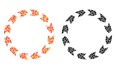 Pixel circulation mosaic icons. Vector circulation icons in multi-colored and black versions. Collages of randomized round spots. Vector compositions of circulation icons made of scattered spots.